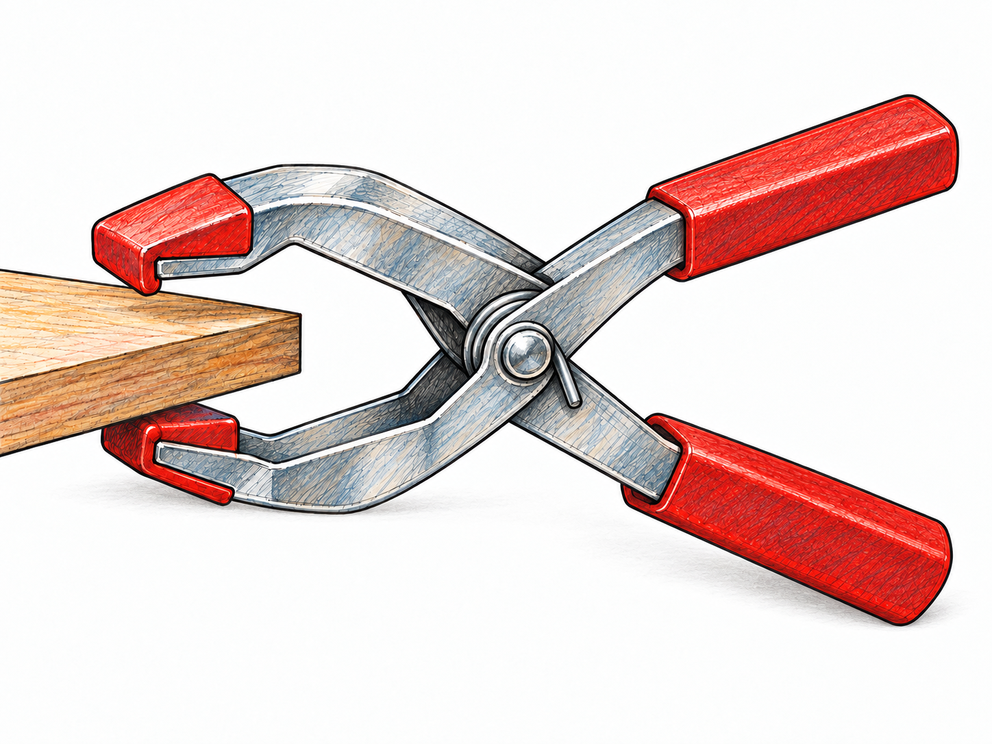 A static plier mechanism with continuous crossed arms, central pivot, spring and open jaws beside a wood strip, rendered in editorial ink on white.