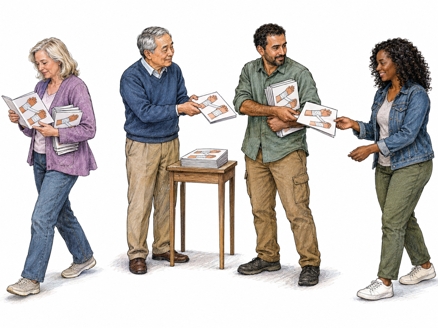 An educator distributes identical illustrated first-aid guides to several people, who carry additional copies outward in different directions.