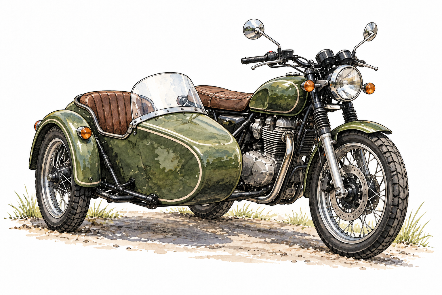 Motorcycle with a small passenger compartment attached beside it, realistic sidecar, no logos.