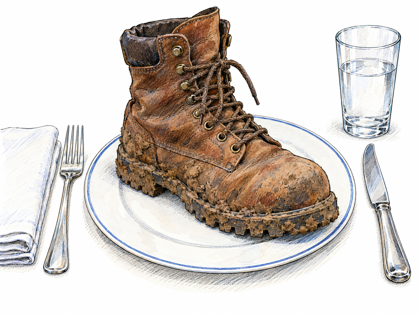A mud-caked work boot sits on a fine porcelain dinner plate at an otherwise elegant, neatly arranged dining place setting, visibly clashing with its surroundings.