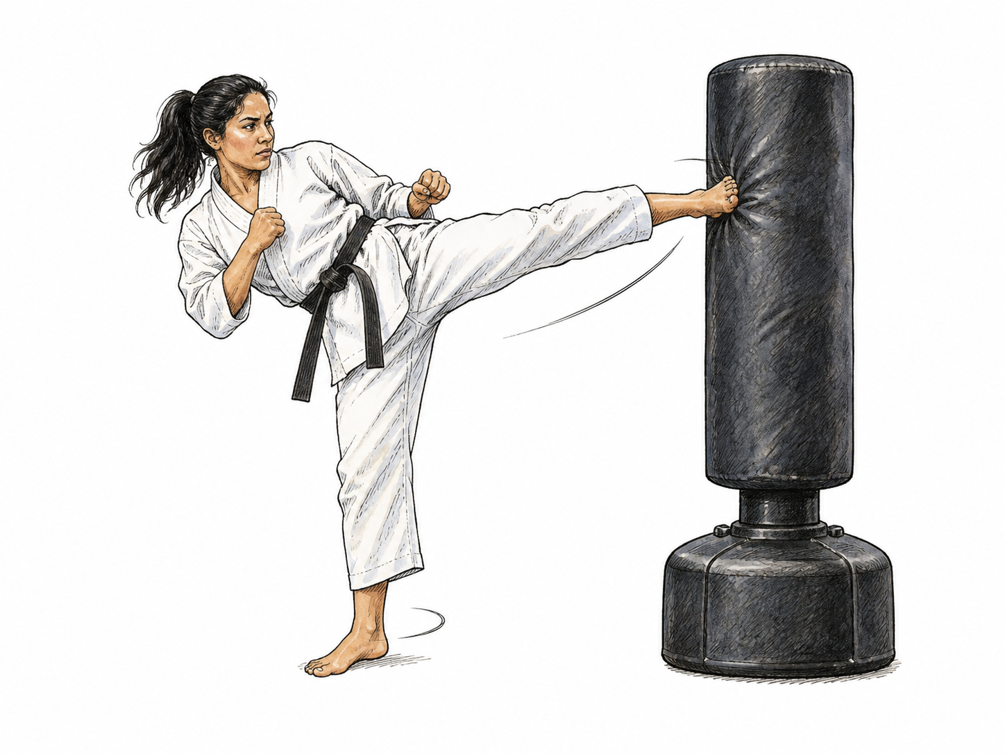 An adult martial artist delivers a controlled roundhouse kick to a freestanding padded training bag: supporting foot pivots, bent knee opens and kicking shin swings horizontally across into pad.