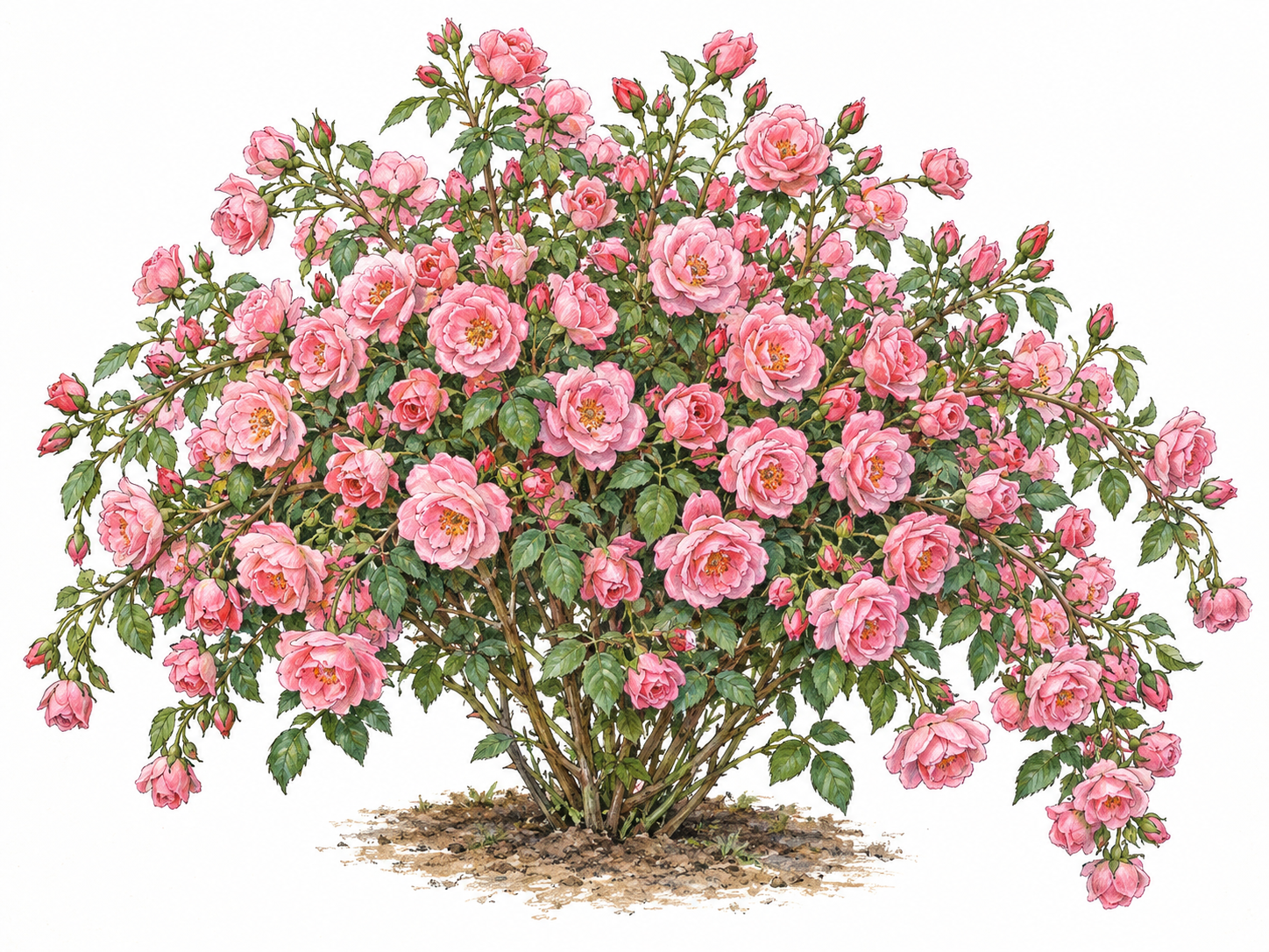 A single rose bush flowering profusely, its arching branches laden with an exceptionally dense abundance of open roses and buds, with flowers visibly outnumbering leaves.