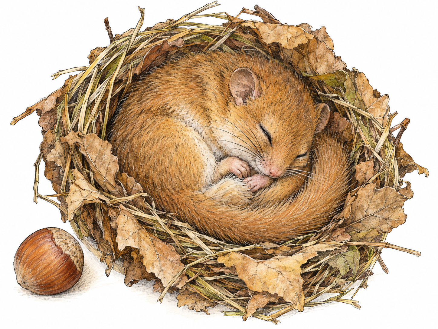 A small hazel dormouse sleeps tightly curled in a rounded nest of dry leaves and grass, its furry tail wrapped around its body.