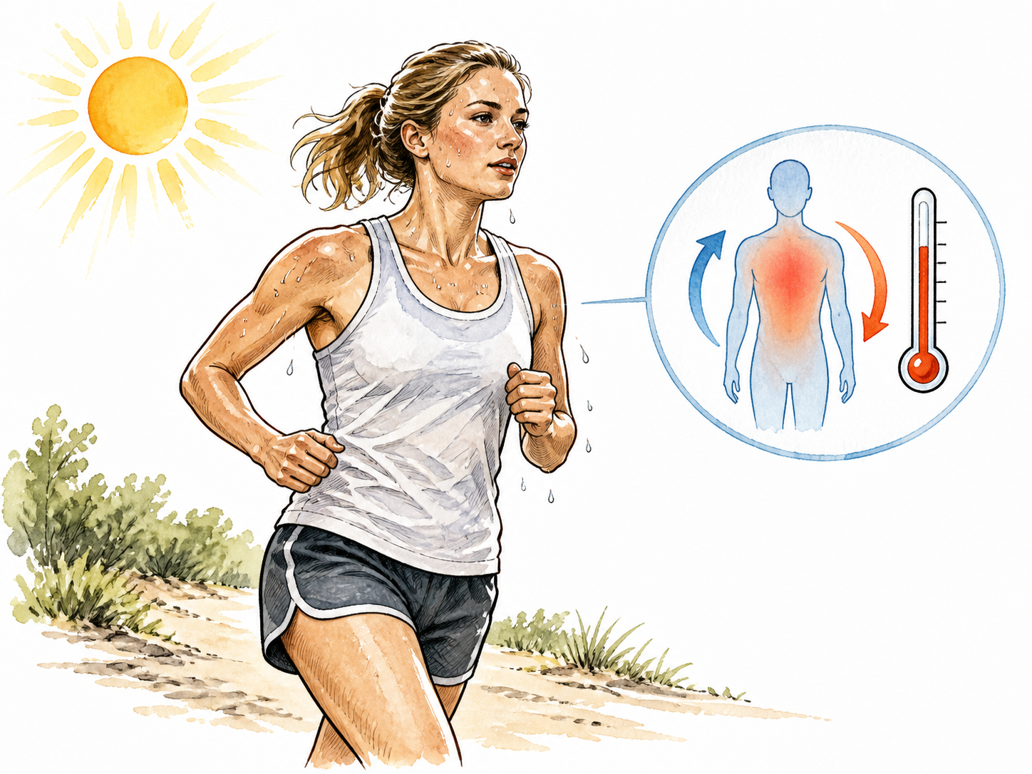 A white runner sweats in warm weather, with a small balanced thermometer-and-body silhouette diagram suggesting stable body temperature.