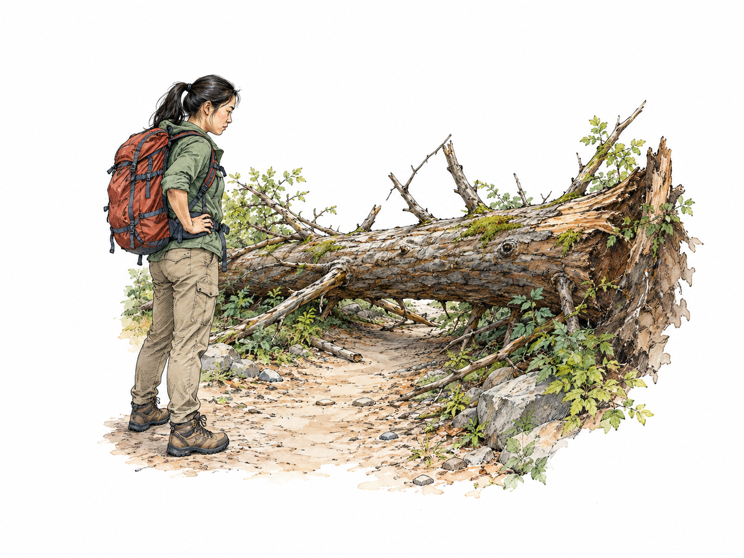 Fallen tree blocks a trail ahead of hiker, visibly preventing passage, no attempt at climbing.