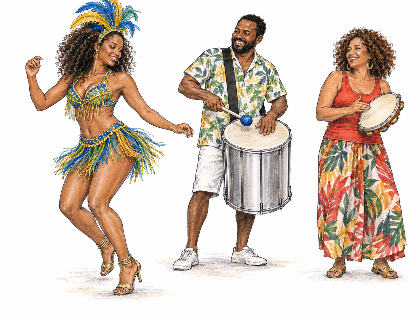 A Brazilian samba dancer performs an energetic samba-no-pé step beside two percussionists playing a surdo and pandeiro.
