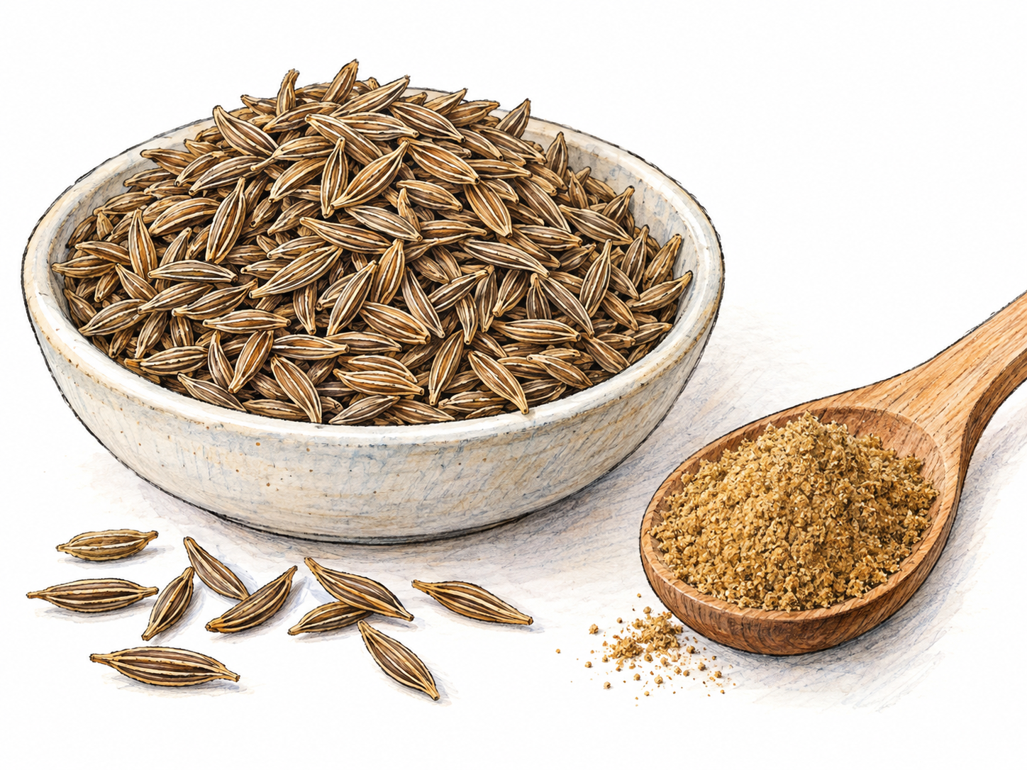 A close botanical-food study of whole dried cumin seeds in a shallow spice dish, with a few scattered seeds and a small spoonful of ground cumin alongside.