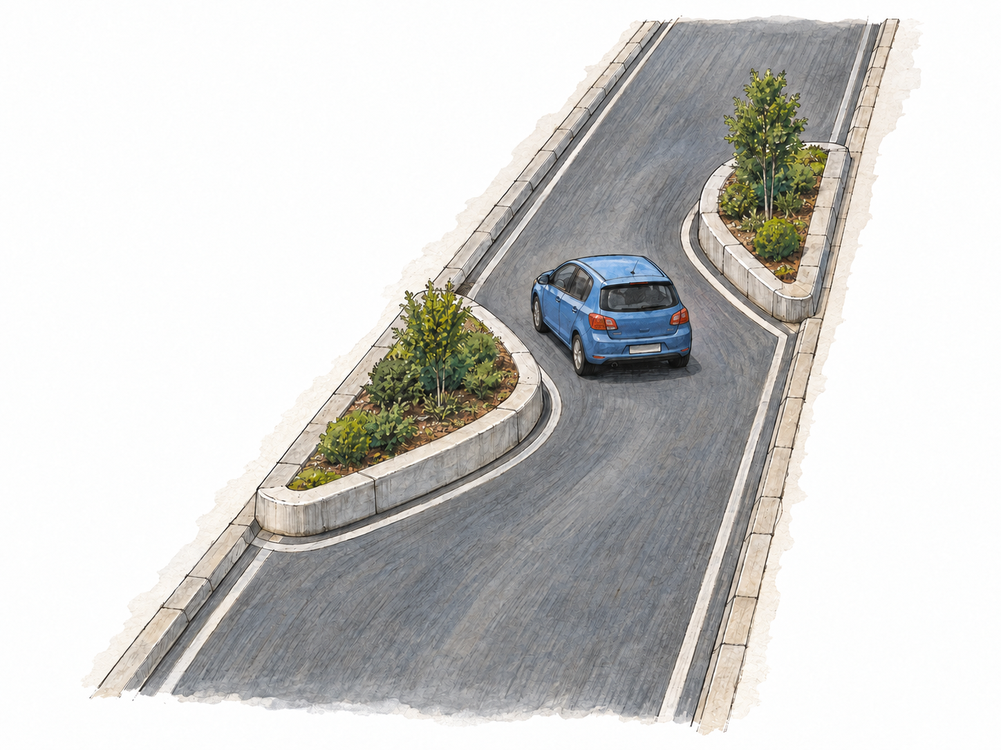 An elevated view of a straight paved road interrupted by two staggered curb islands, forcing a compact car through a tight S-shaped chicane.