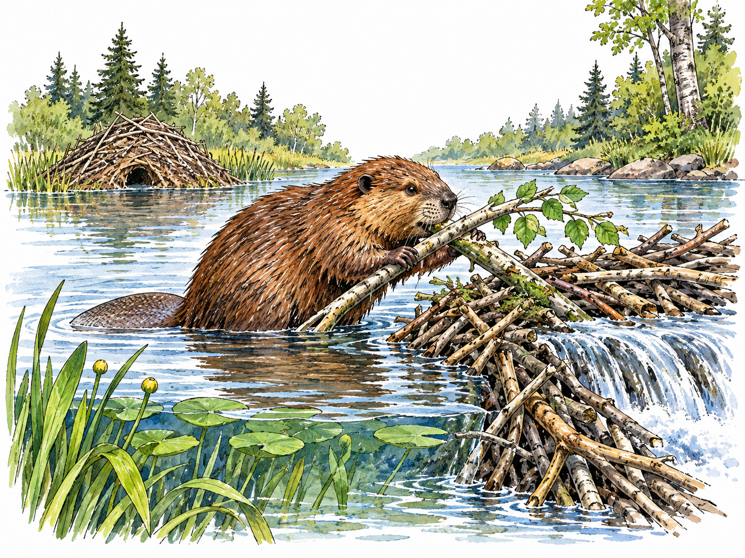 A beaver in its natural river habitat, with dam, lodge, aquatic plants, trees and water.