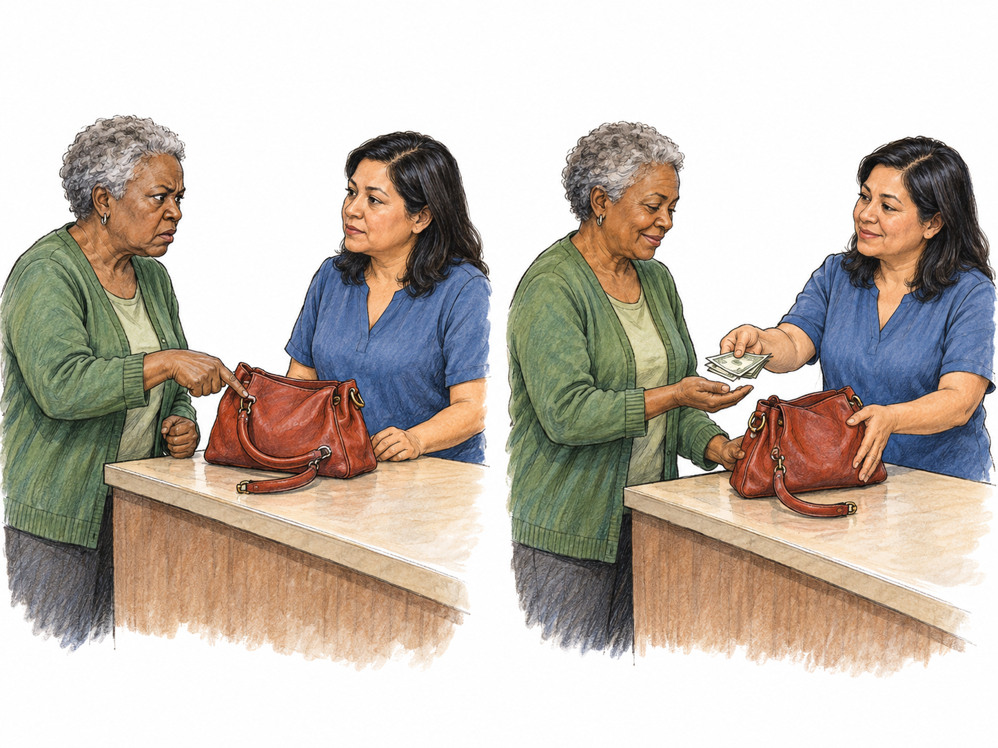 A two-moment shop-counter scene: an angry customer presents a defective handbag; the shopkeeper placates her by letting her keep the bag while returning her money.