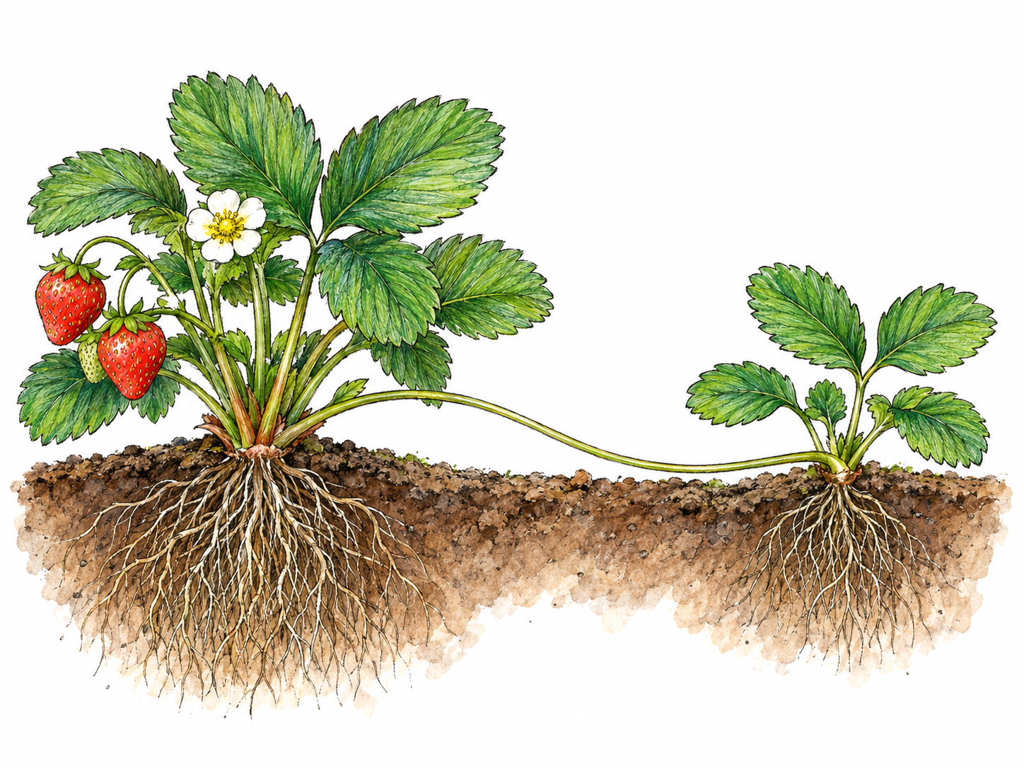 A strawberry parent plant and its smaller, rooted daughter plant remain visibly joined by a single runner, showing a naturally produced genetic duplicate.
