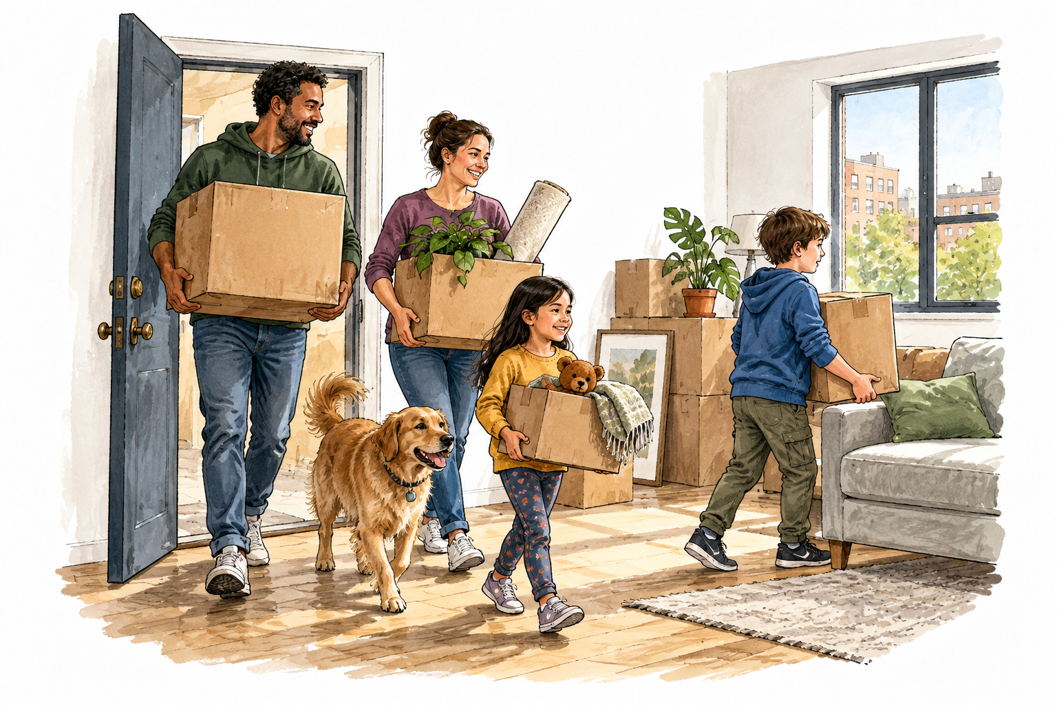 A family moves belongings into an empty apartment, taking up residence.