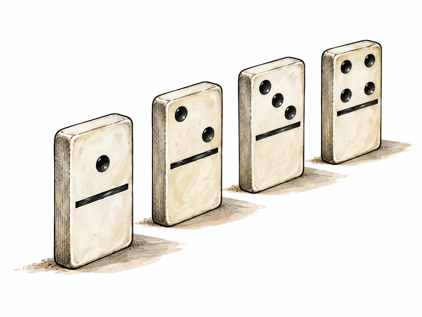 Four evenly spaced dominoes stand in uninterrupted sequence.