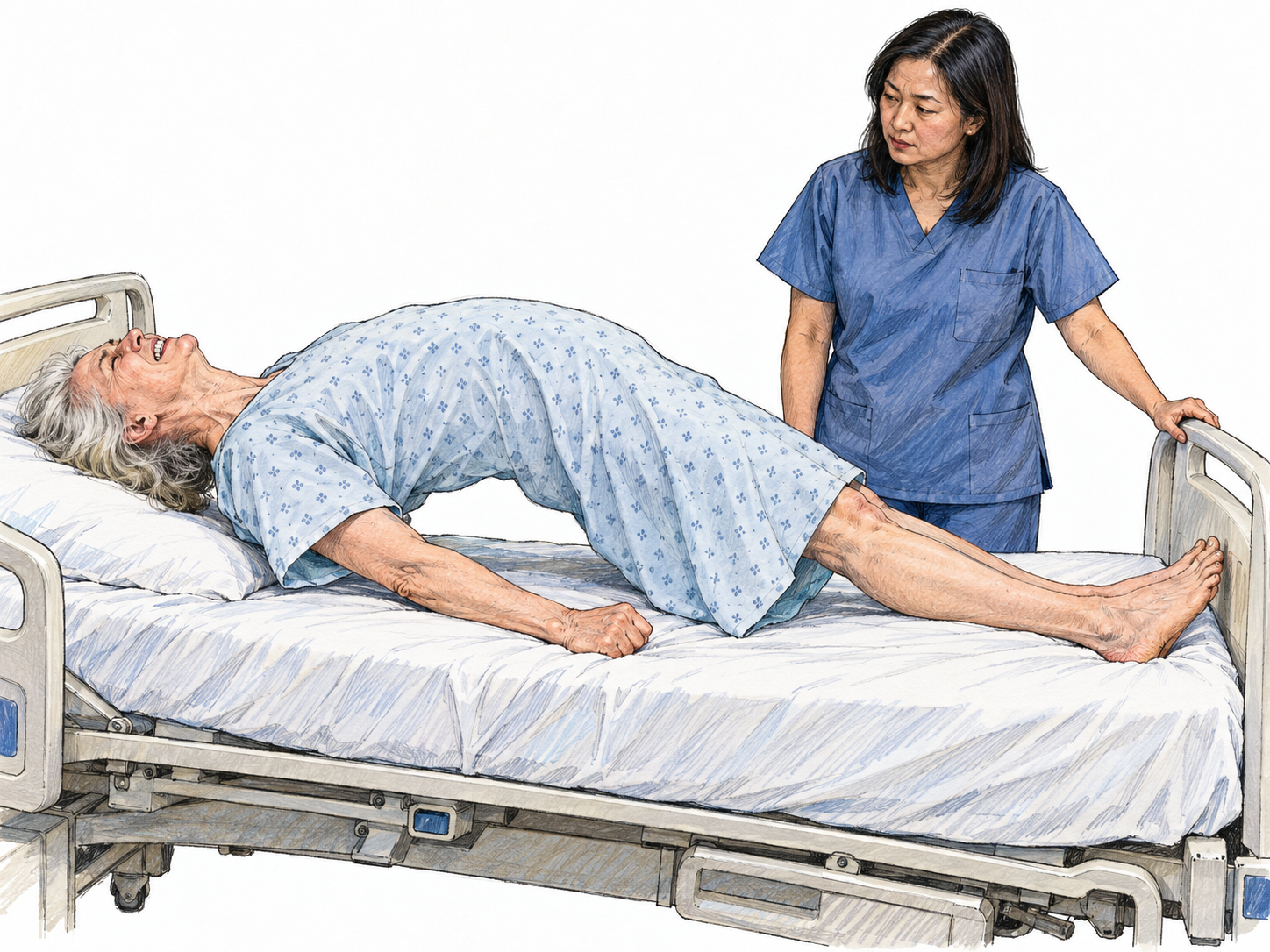A patient in a hospital bed experiencing the characteristic severe rigid backward arching and locked jaw associated with tetanus, with a clinician attending beside her.