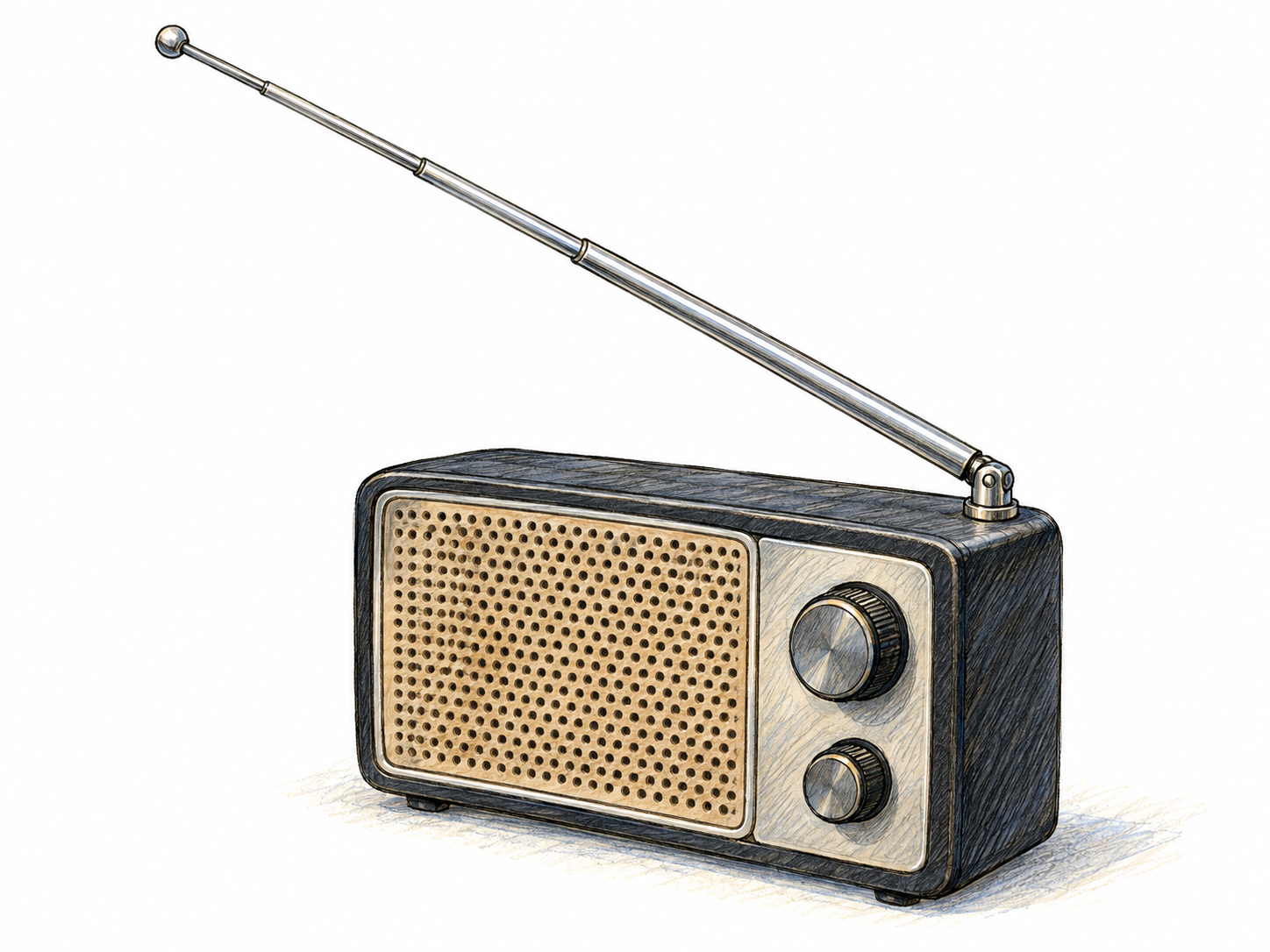 A portable radio with a prominently extended telescoping antenna, making the signal-receiving device immediately recognizable without people or historical imagery.