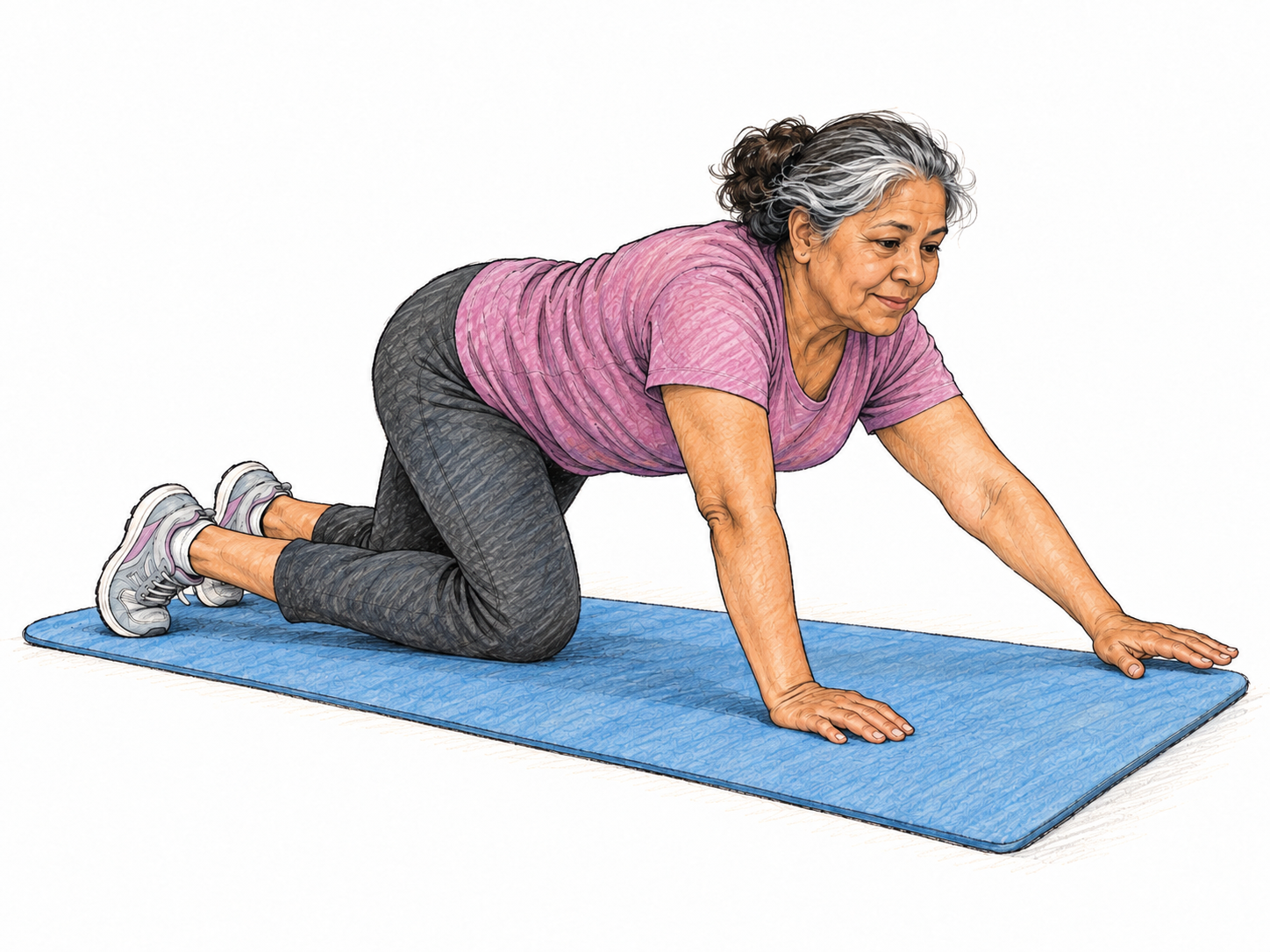 An older woman crawls slowly on her hands and knees across a plain exercise mat, her torso low and one hand reaching forward.