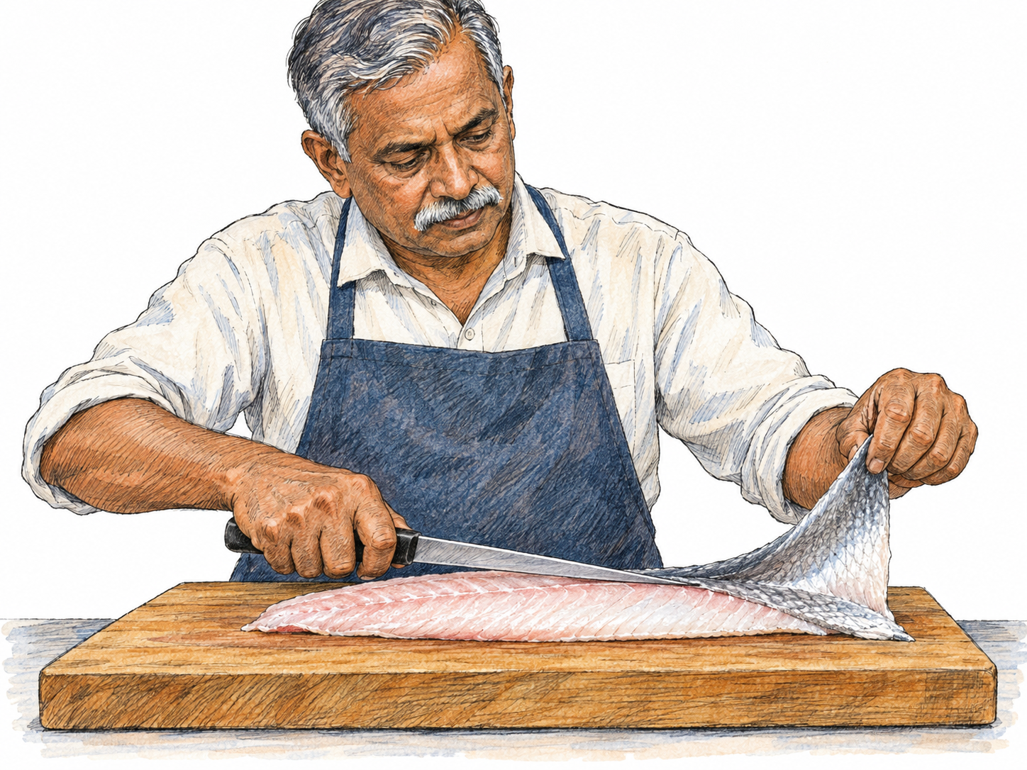An older South Asian man skins a fish fillet on a cutting board, pulling the silvery skin back while guiding a knife between skin and flesh.