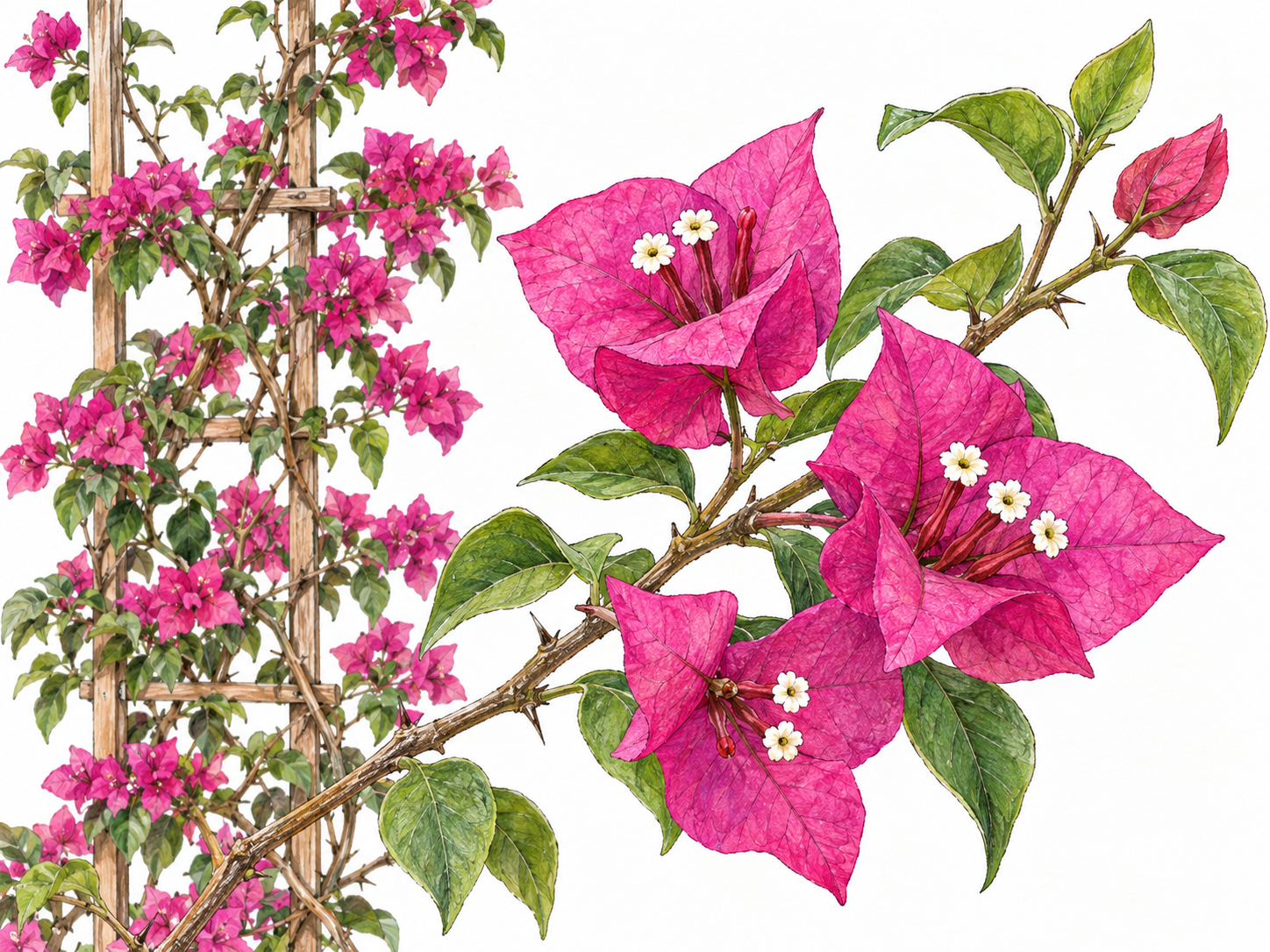 A bougainvillea vine climbing a simple support, with a prominent foreground branch showing vivid magenta papery bracts surrounding tiny cream-white flowers.