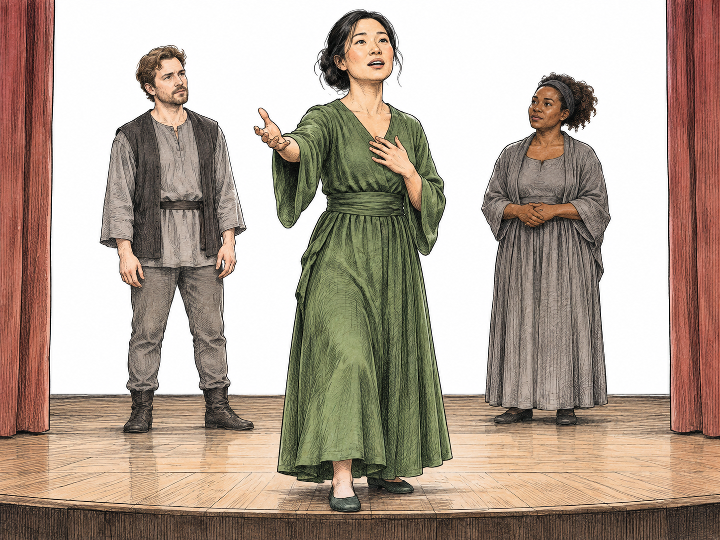 On a very small theater stage, one central performer steps forward in the main dramatic role while two supporting actors remain behind facing the central performer; central action and attention establish main character, no spotlights with cinematic glow, signs or writing.