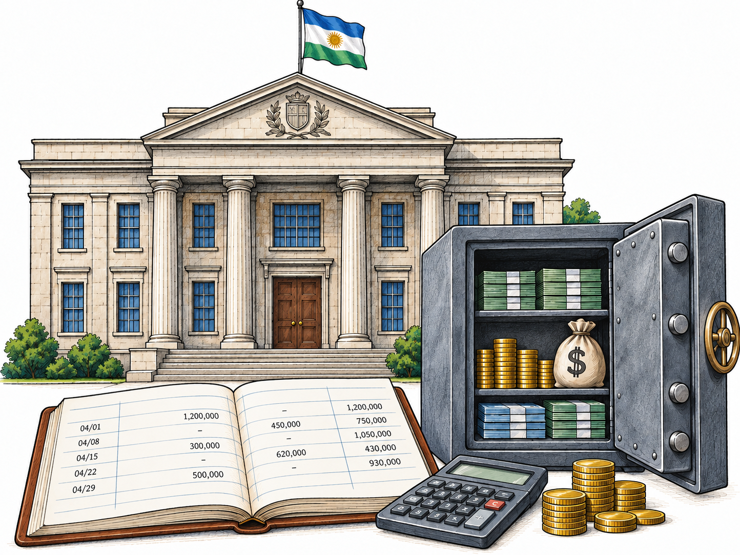 An isolated national treasury building with a small national flag is paired with a cutaway of organized public funds and a numeric accounting ledger; public-money administration, no people, slogans or bank brand.
