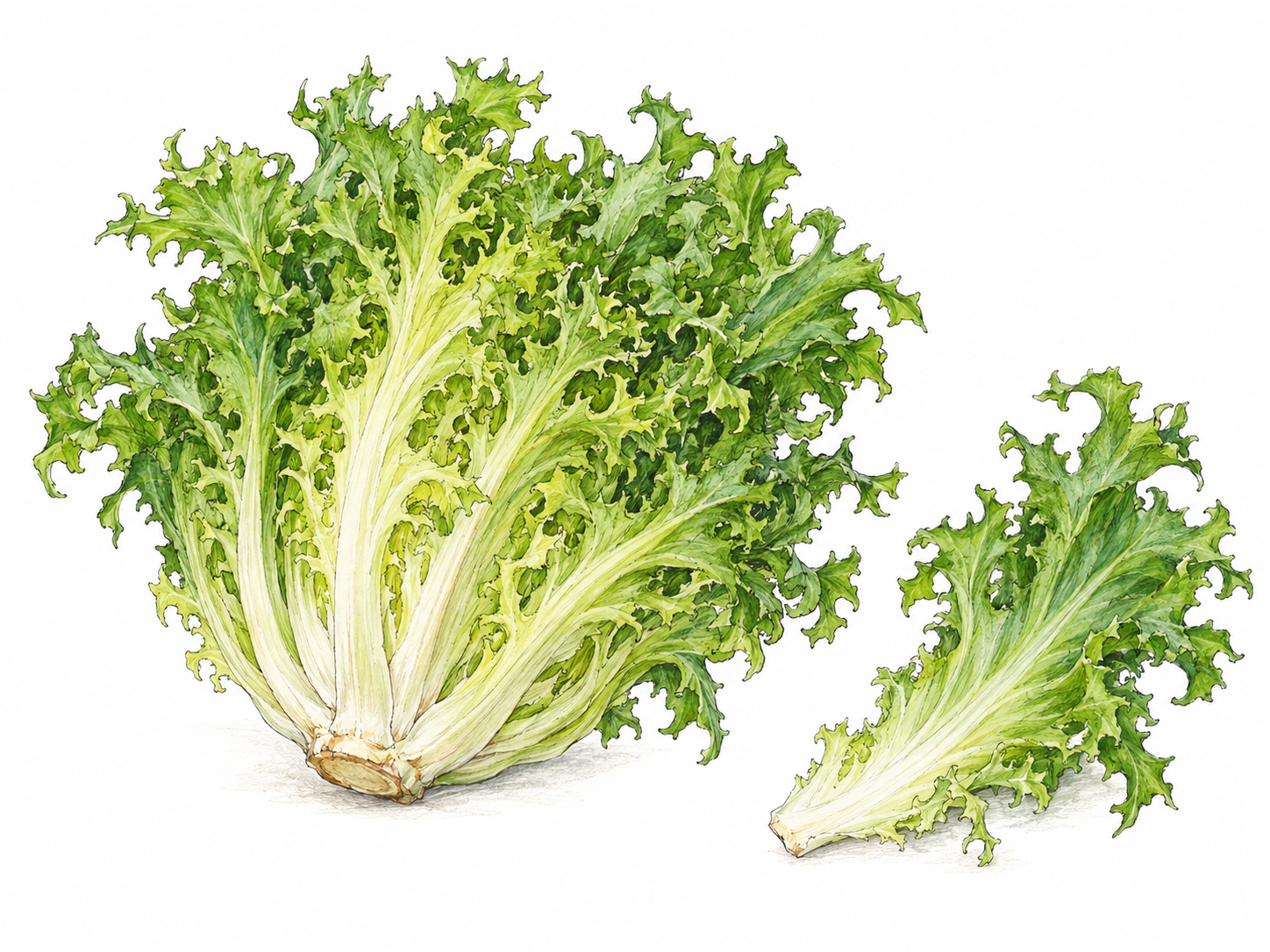 A fresh head of curly endive with its pale central ribs and finely curled green leaves clearly visible, accompanied by one detached leaf on a plain white ground.