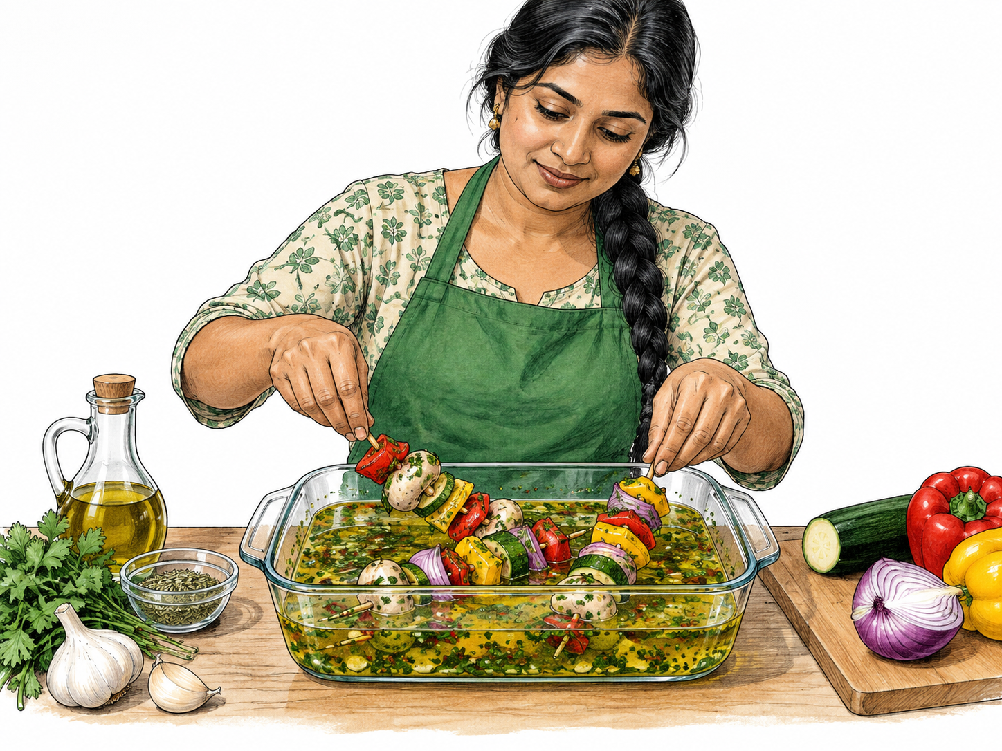 Cook lowers raw vegetable skewers into glass dish of herb marinade; submerged pieces clearly soak in seasoned liquid before cooking, no stove or flames.
