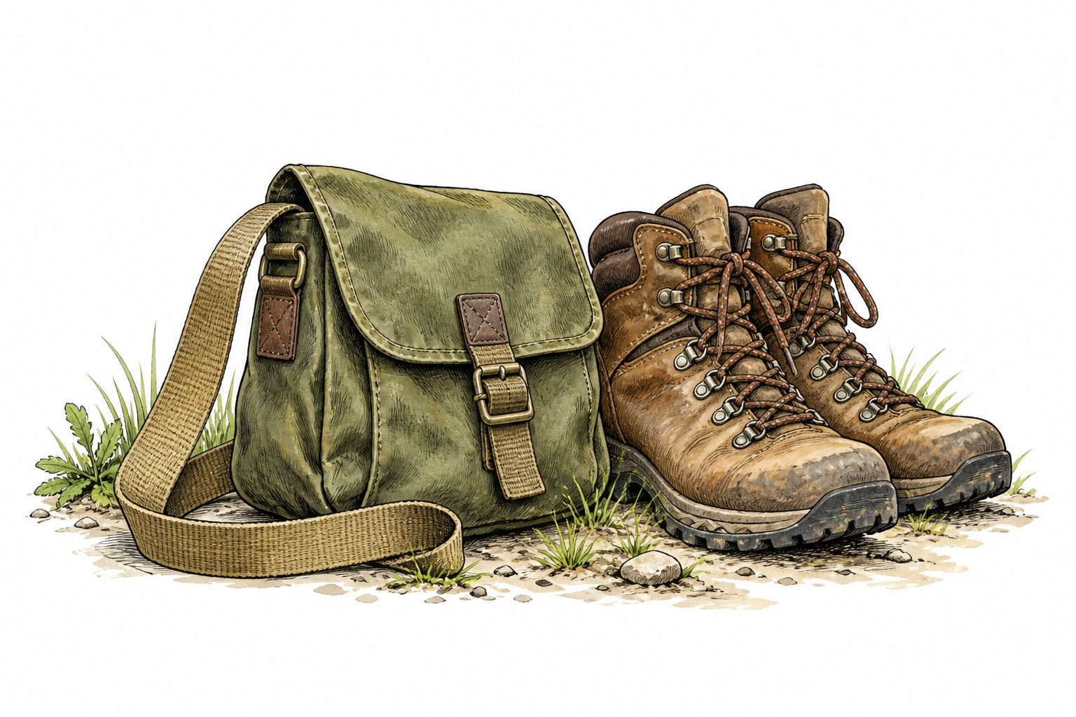 A small practical haversack with single shoulder strap rests beside hiking boots.
