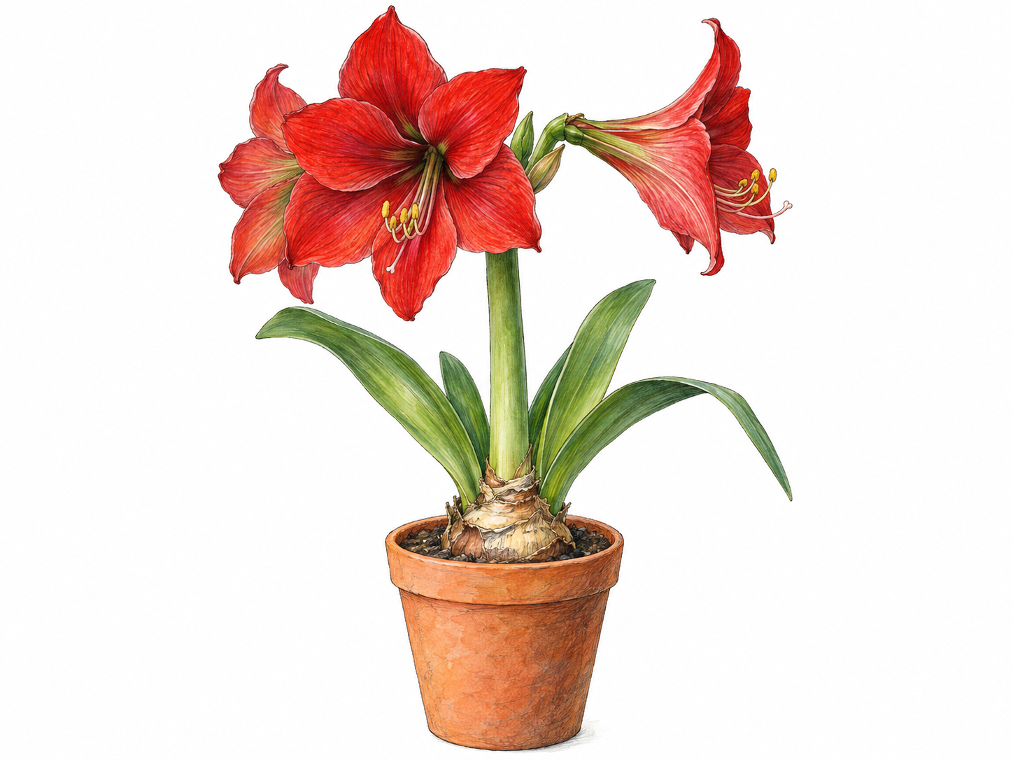 A single potted amaryllis with an exposed bulb shoulder, broad strap-shaped leaves, and a sturdy leafless flower stalk bearing large red trumpet-shaped blooms.