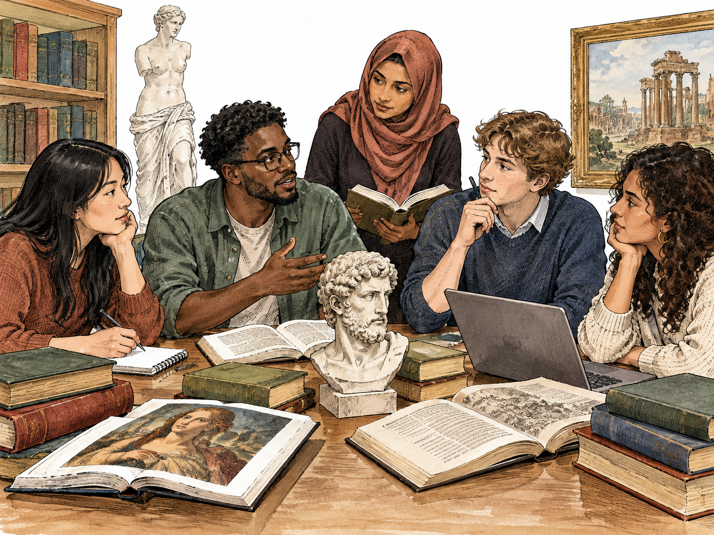 Diverse university students study literature history art and philosophy around table with books sculpture.
