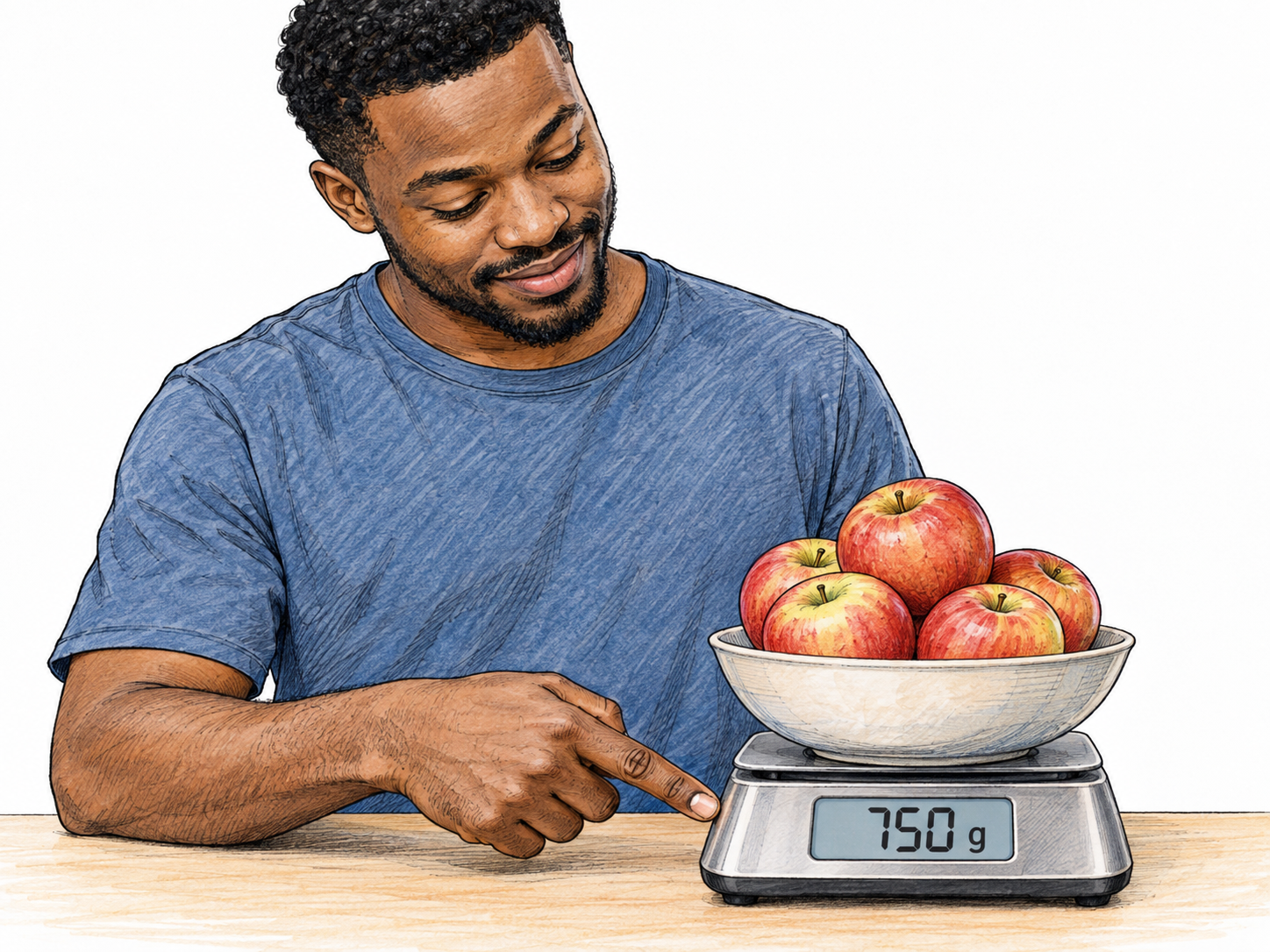 A man quantifies a pile of apples by weighing them on a digital kitchen scale whose clearly visible display reads “750 g.” His gaze and pointing finger connect the apples to their numerical mass.