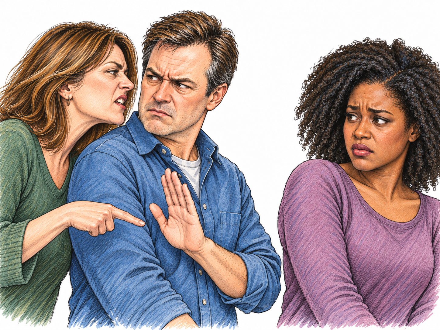 A cruel spoken aside about a nearby woman: a sneering speaker leans toward a companion's ear while indicating the woman, who overhears and recoils.