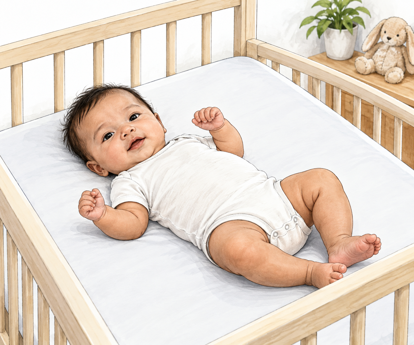 A very young baby safely lies face up on a firm clear cot mattress, no loose bedding.