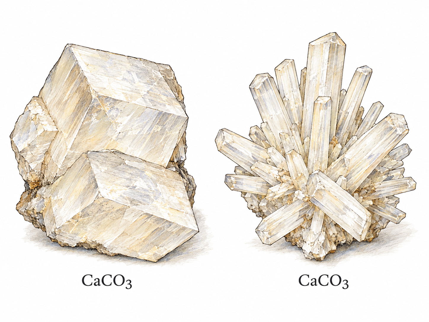 Two contrasting crystalline forms of calcium carbonate: a blocky rhombohedral calcite crystal beside a radiating cluster of slender aragonite crystals.