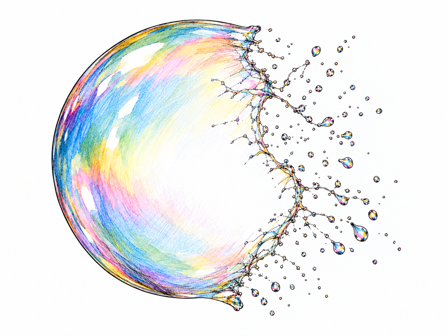 A soap bubble caught at the fleeting instant it bursts: part of its spherical film remains while the torn edge retracts into tiny droplets.