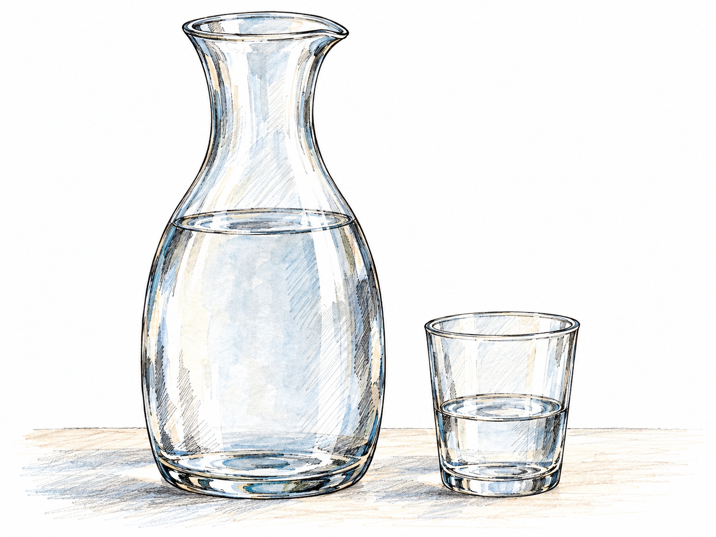 A clear glass water carafe with a broad body, narrow neck and flared pouring rim stands beside a small matching drinking glass, making its serving function immediately recognizable.