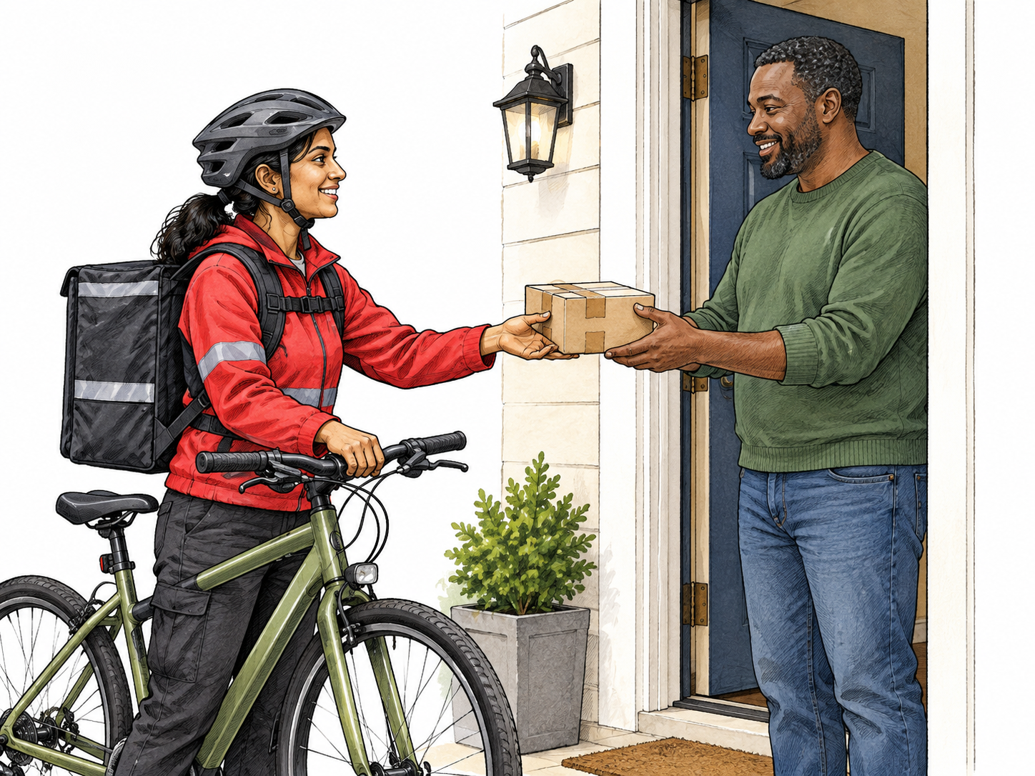 A bicycle courier hands a small parcel to its recipient at a doorway, showing delivery rather than generic cycling.