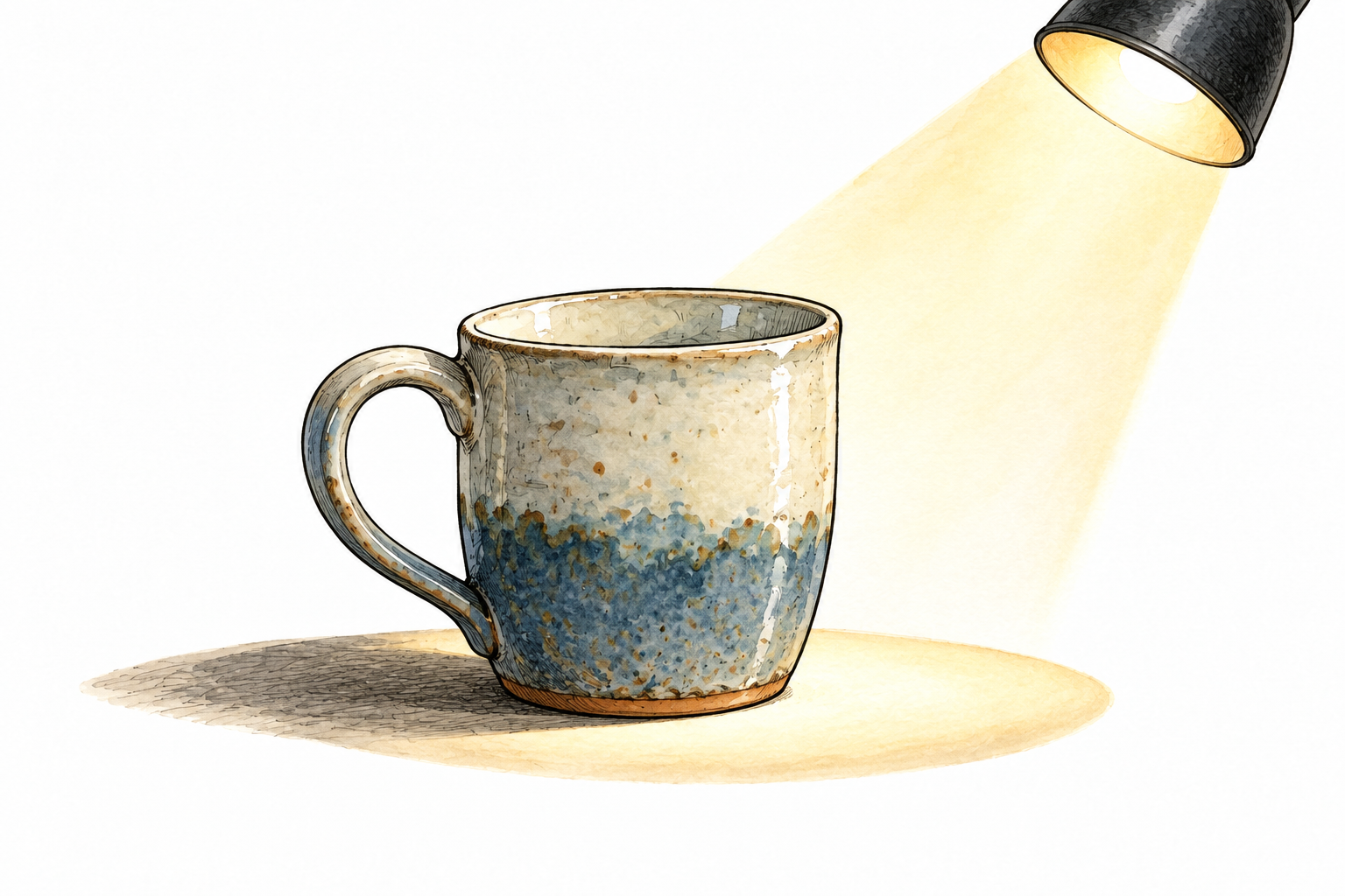 One ceramic cup stands alone beside a simple round spotlight, no other objects.
