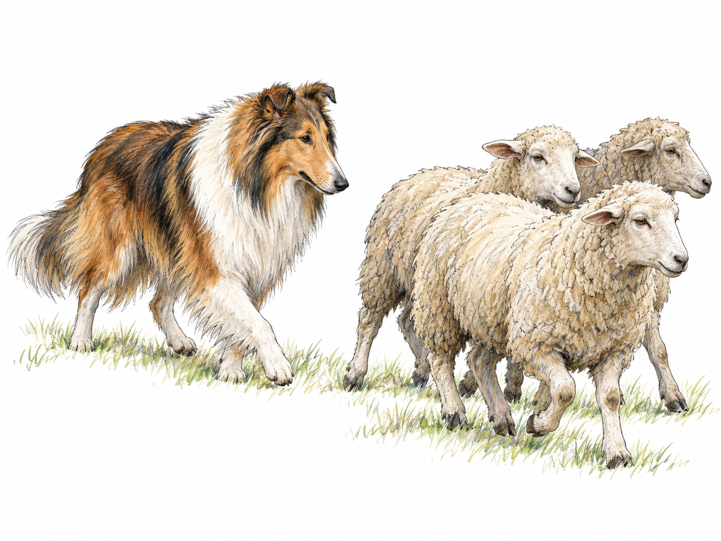 A recognizable rough collie with a long, narrow wedge-shaped head guides a small cluster of sheep, combining clear breed anatomy with its herding role.