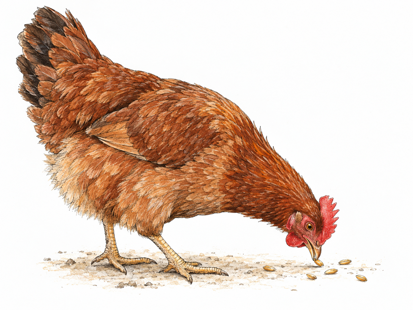 A hen bends down with its beak contacting a grain on the ground, clearly showing the beak picking at food.