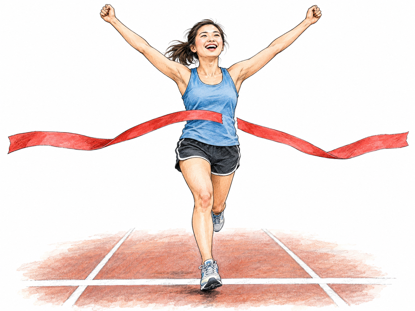 A young woman bursts into joyful celebration after winning a footrace, throwing both arms high with a broad, open-mouthed smile as she breaks the finish ribbon.