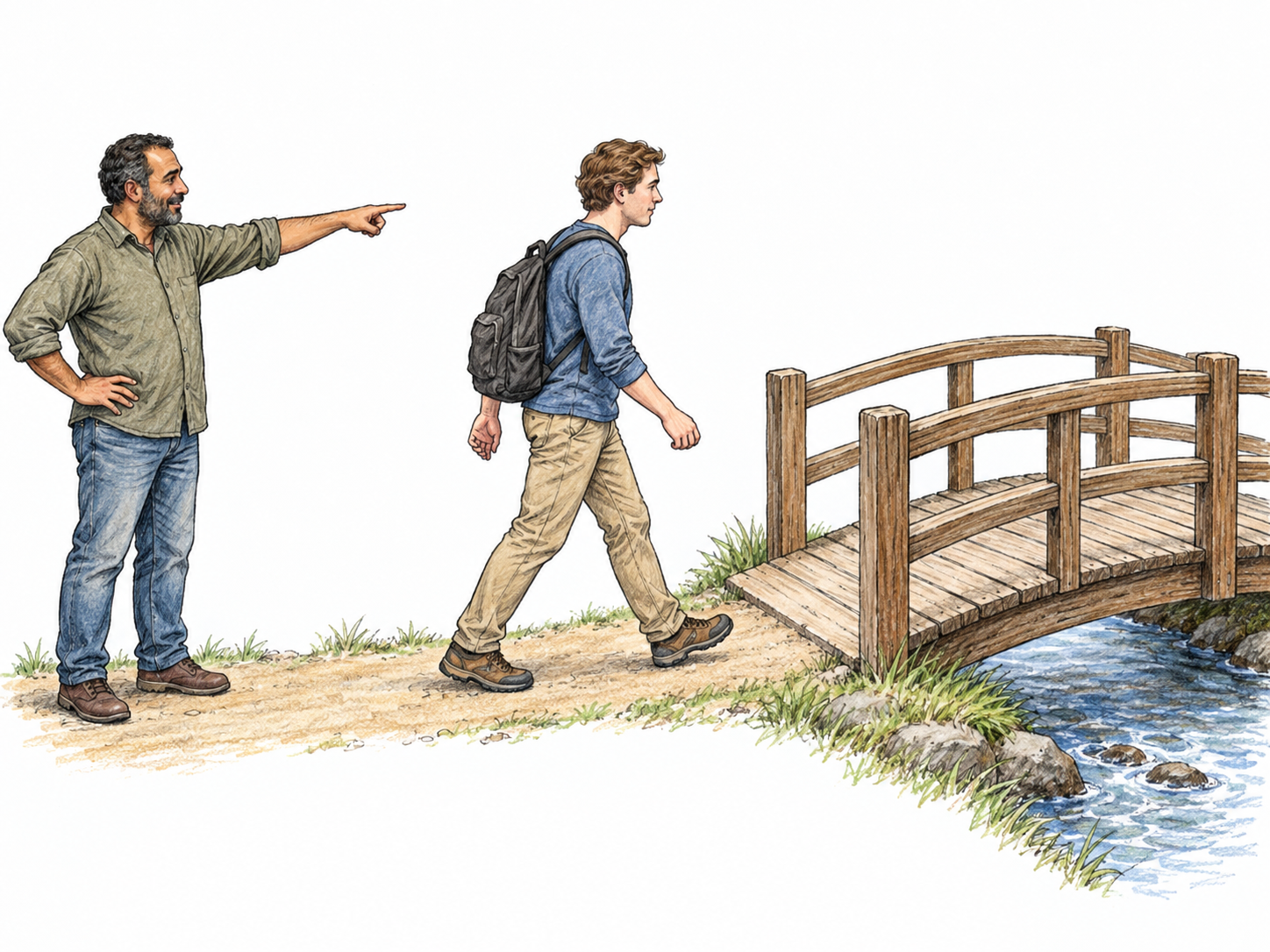 A side-on view separates a stationary companion from a departing traveler: the companion indicates a footbridge across the open space, and the traveler strides toward its near entrance.