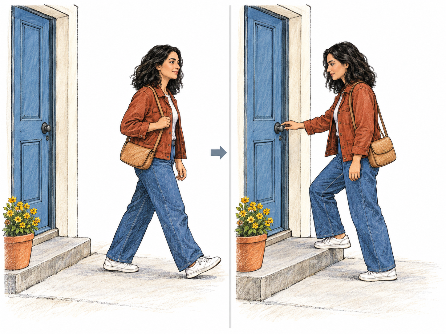 A two-panel sequence shows the same woman leaving a distinctive home and then coming back to that identical doorway.
