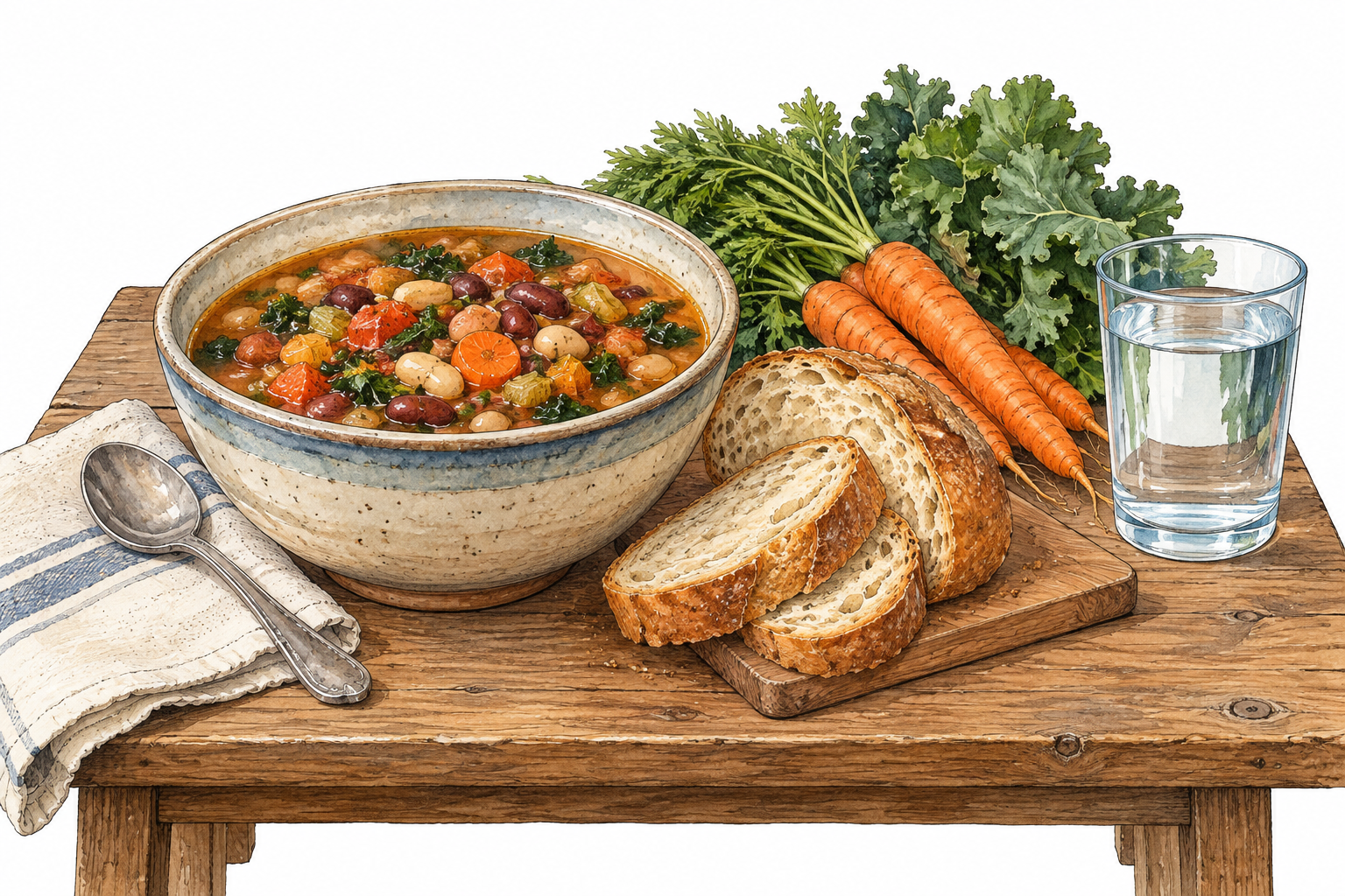 A simple meal of bread, bean soup, vegetables, and water supplies nourishment.
