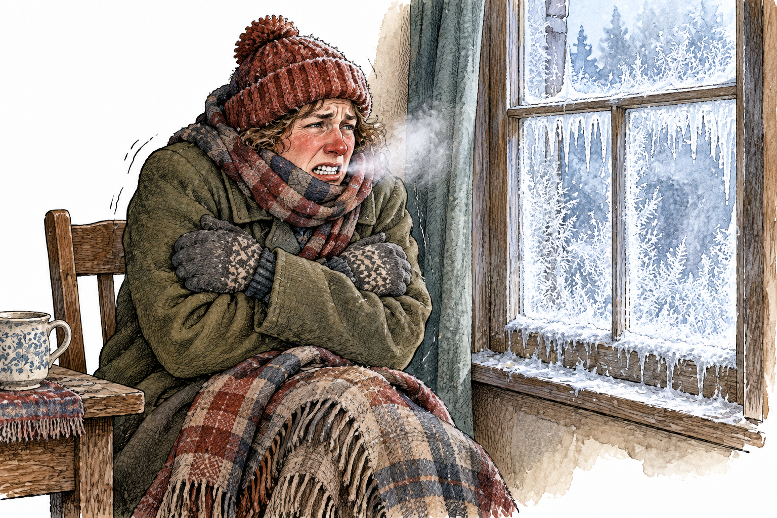 A person bundled in layers shivers beside a window crusted with ice, visibly very cold, exaggerated degree without lettering.