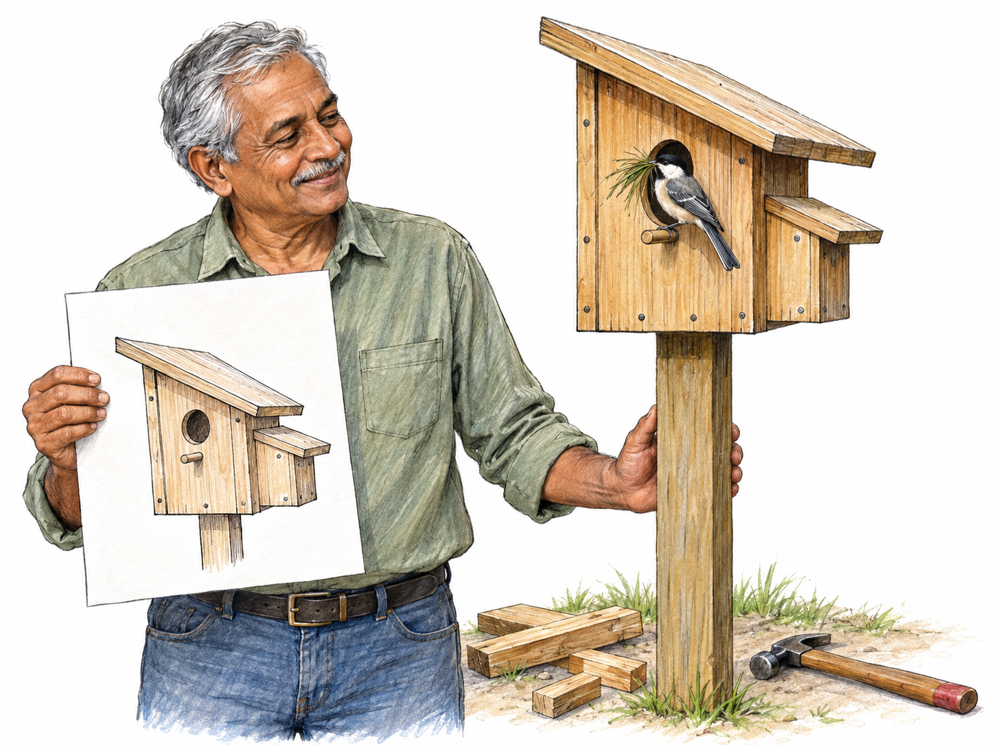 A builder compares his pictorial plan with the matching finished birdhouse, now mounted and occupied by nesting birds: the planned project has become a successful, functioning reality.
