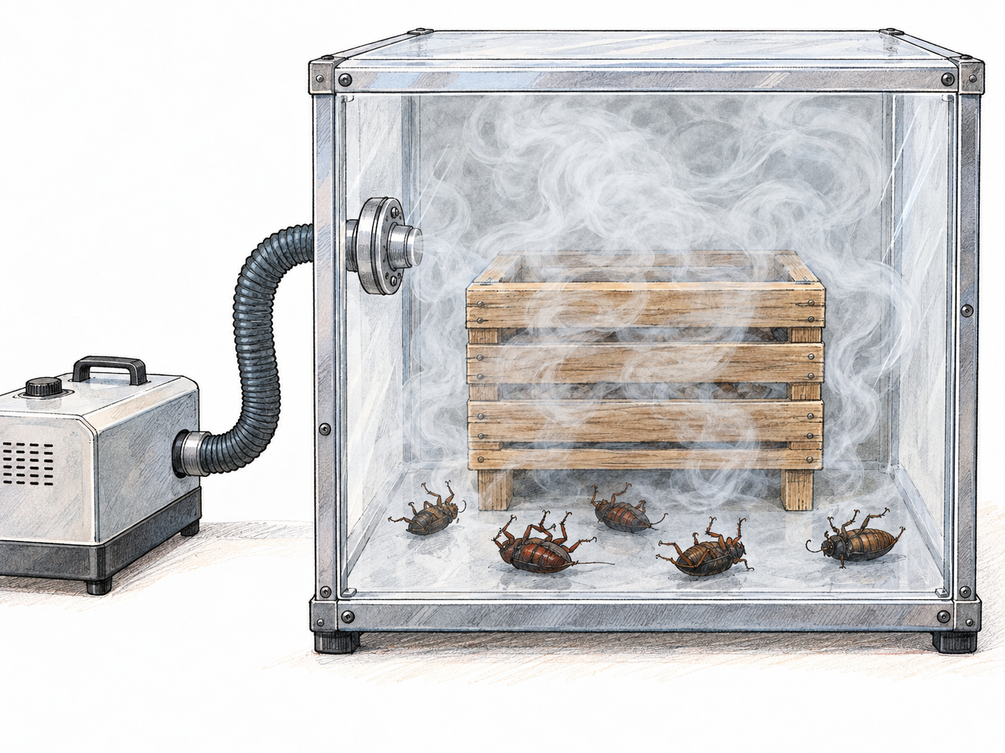 A sealed transparent pest-treatment chamber contains a small wooden crate surrounded by smoke, with several dead beetles lying legs-up beneath it.