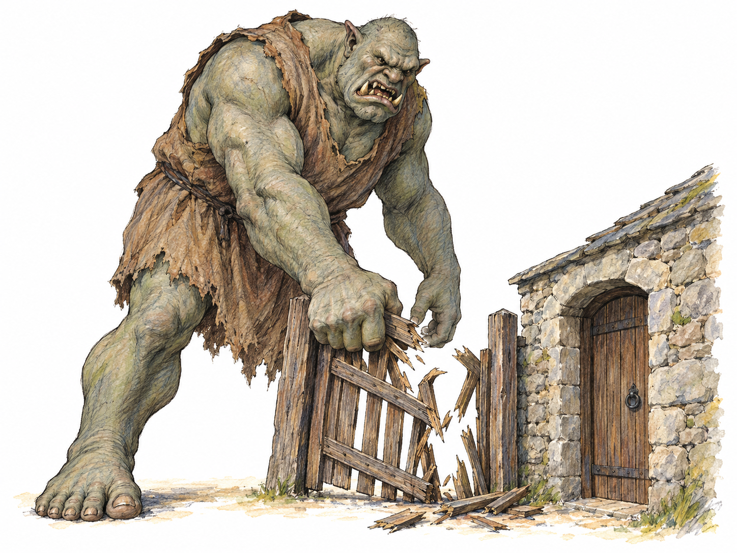 A frightening fairy-tale ogre looms over a small stone cottage doorway, crushing its broken wooden gate in one enormous fist.