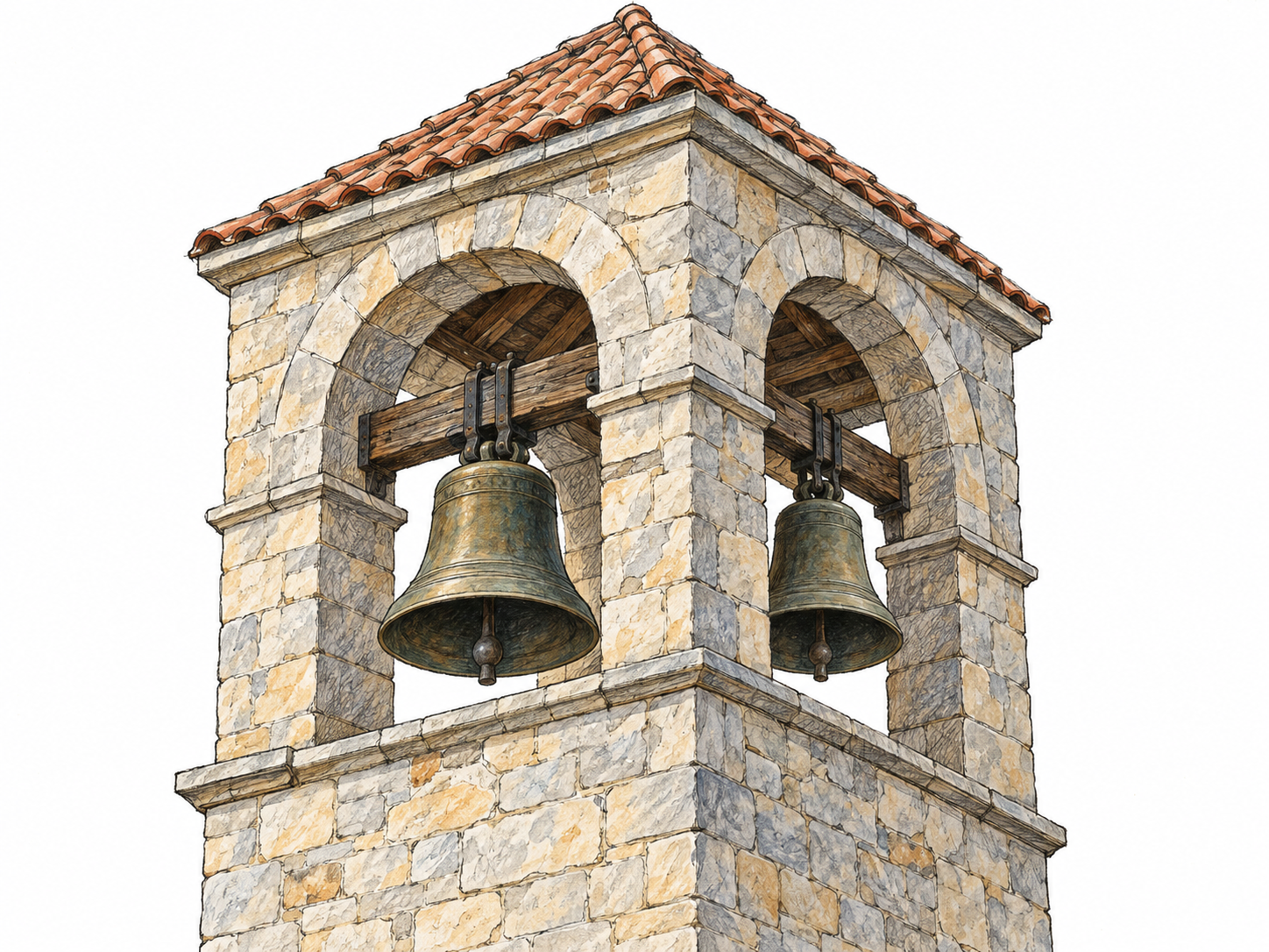 A close three-quarter view of a stone tower's open upper chamber, with two bronze bells visibly suspended from timber beams beneath its roof.