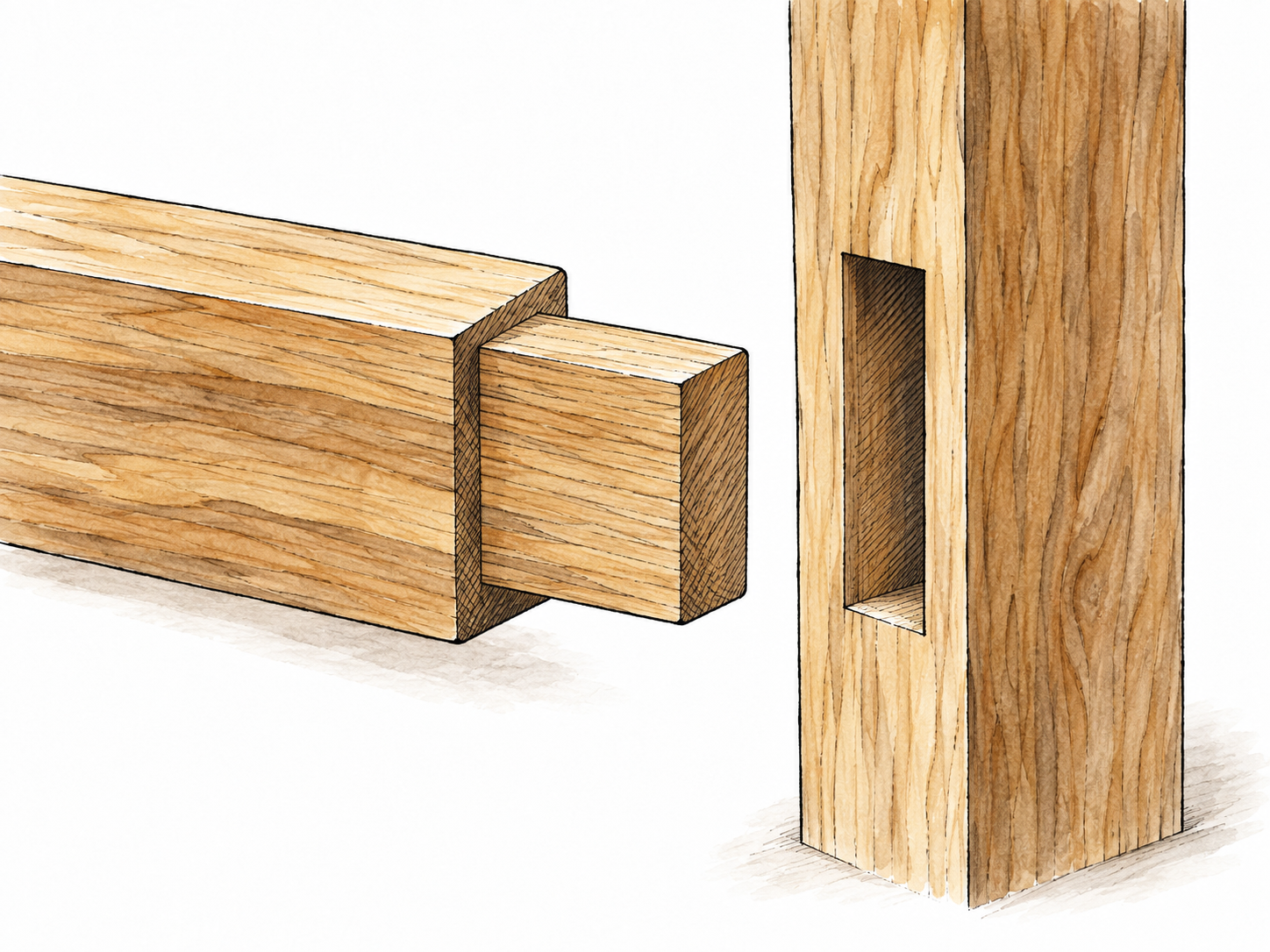 Close view of a wooden tenon projecting from a rail beside its matching mortise.