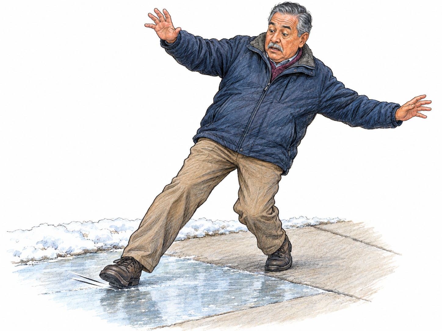An older man accidentally slips on a small icy patch: his planted shoe slides forward while his body tips backward and his arms spread to regain balance.
